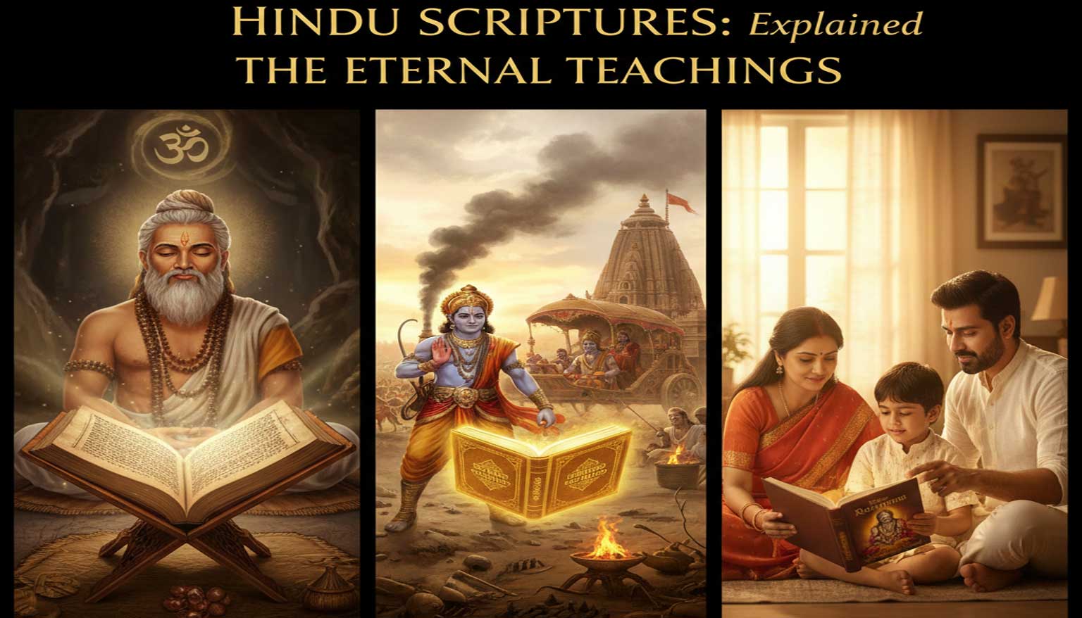 A collage showing a Vedic sage, Lord Krishna with the Bhagavad Gita, and a modern family reading Hindu scriptures