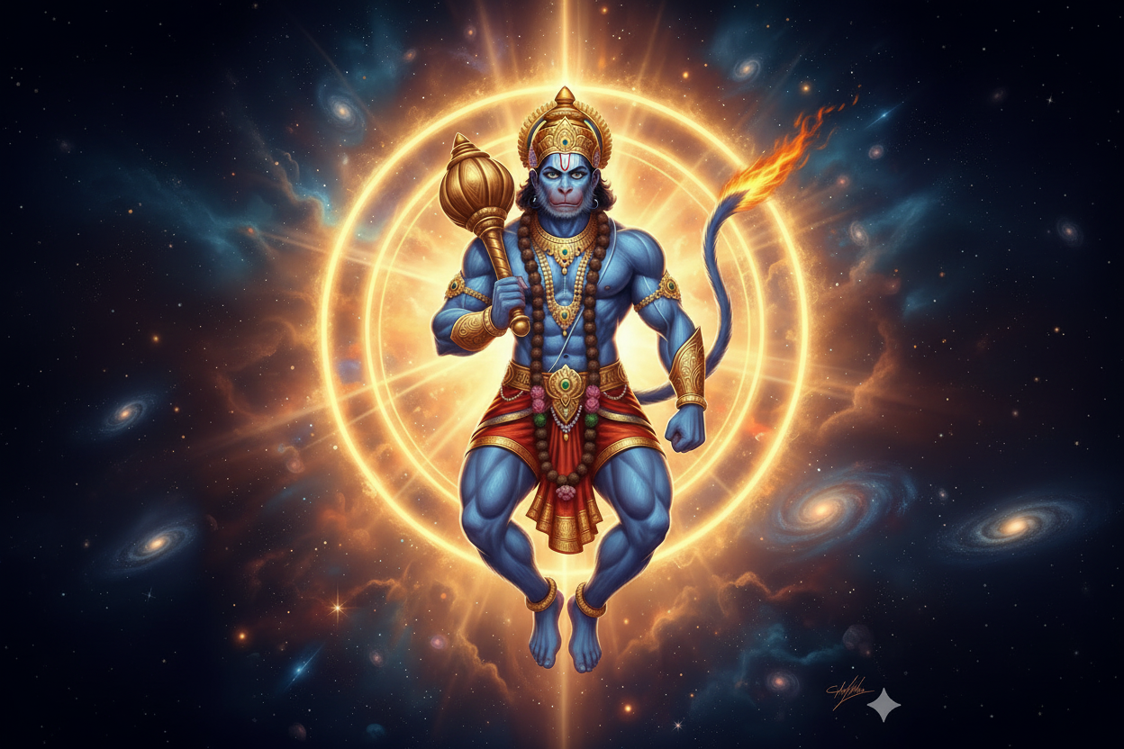 Lord Hanuman meditating with a mace for protection and strength.