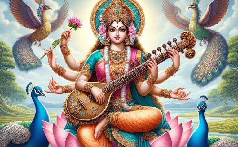 Goddess Saraswati with Veena and Swan representing knowledge and music.