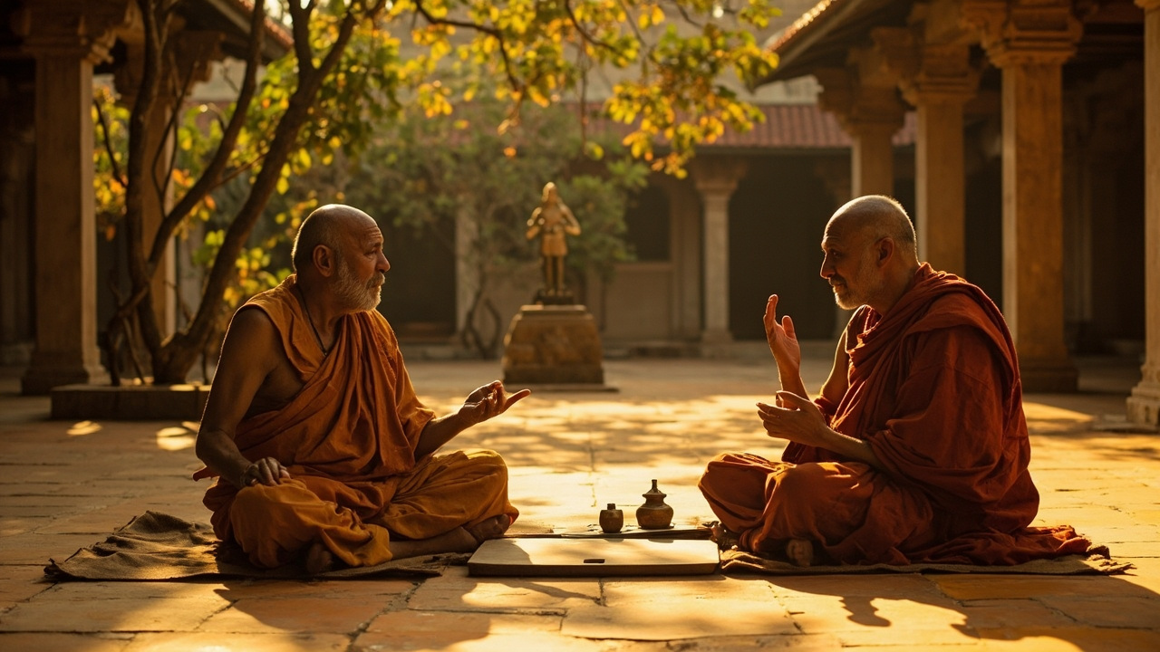 Two Hindu monks in saffron robes debating philosophy in a South Indian ashram courtyard at golden hour