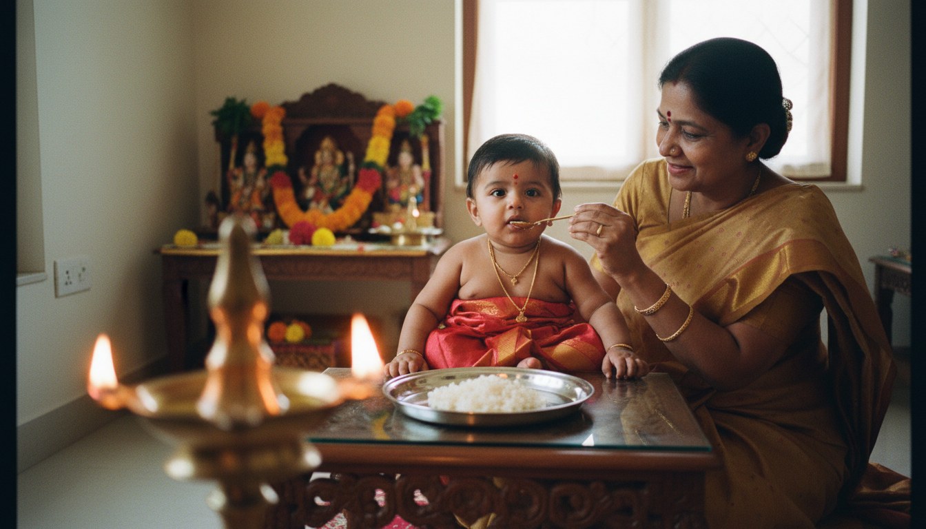 Indian grandmother feeding a baby her first rice kheer in a traditional Annaprasana ceremony at a home prayer altar