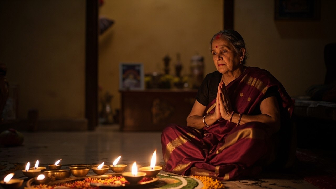 Elderly Indian woman in maroon sari with sindoor and bindi, hands folded in namaste before lit diyas, marigold flowers, and a framed photograph during Diwali prayer at home.