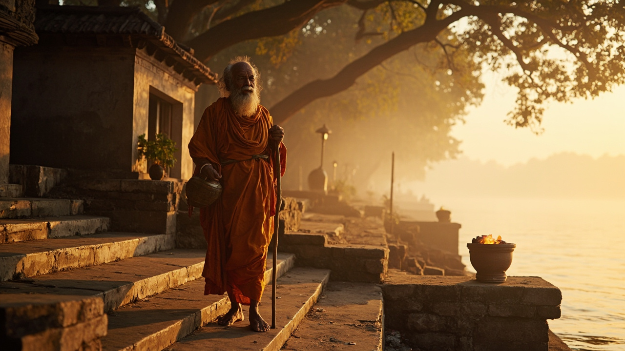 An elderly Hindu sage in saffron robes standing on the steps of a sacred ghat at golden hour, with kamandalu, dhuni sacred fire, banyan tree, tulsi plant and a riverside ashram in the background — symbolizing the four ashramas of life.