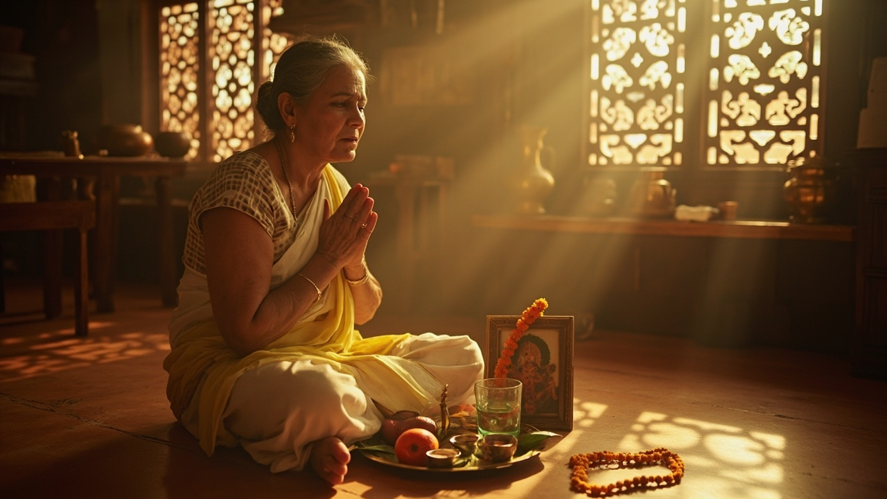Hindu woman performing Ekadashi vrat with fruit, diya, tulsi, and a framed photo of Vishnu decorated with marigolds, in traditional Indian home with carved jharokha windows