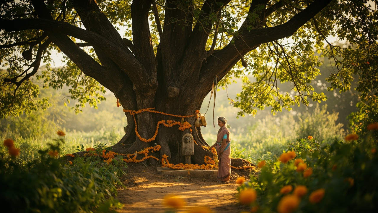 An elderly Indian woman offering water at the base of an ancient sacred peepal tree in a rural grove, with marigold garlands and a small stone deity at golden hour.