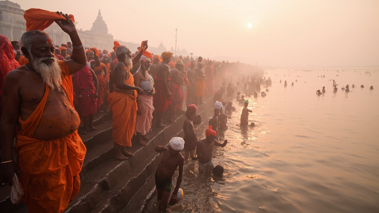 Hindu pilgrims bathing at the sacred Triveni Sangam confluence during Kumbh Mela at sunrise in Prayagraj, India