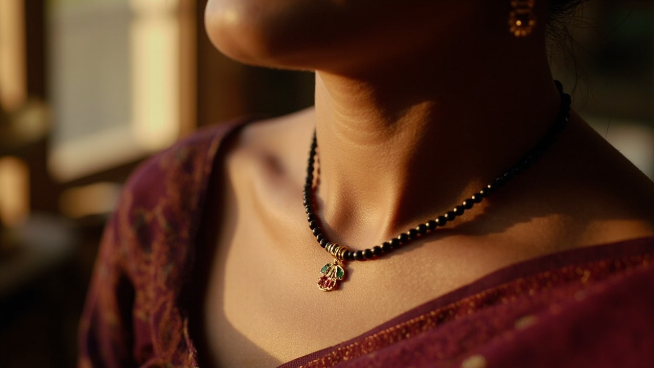 Traditional black-beaded mangalsutra with gold pendant resting against a woman wearing a maroon silk sari