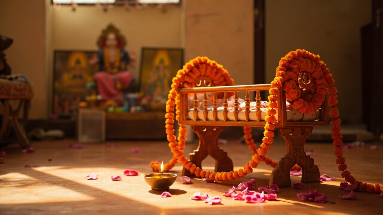 A decorated baby cradle (jhula) with marigold garlands and a brass diya, set in a sunlit Hindu household room with a puja altar in the background. Photorealistic photograph for the Naamkaran article.