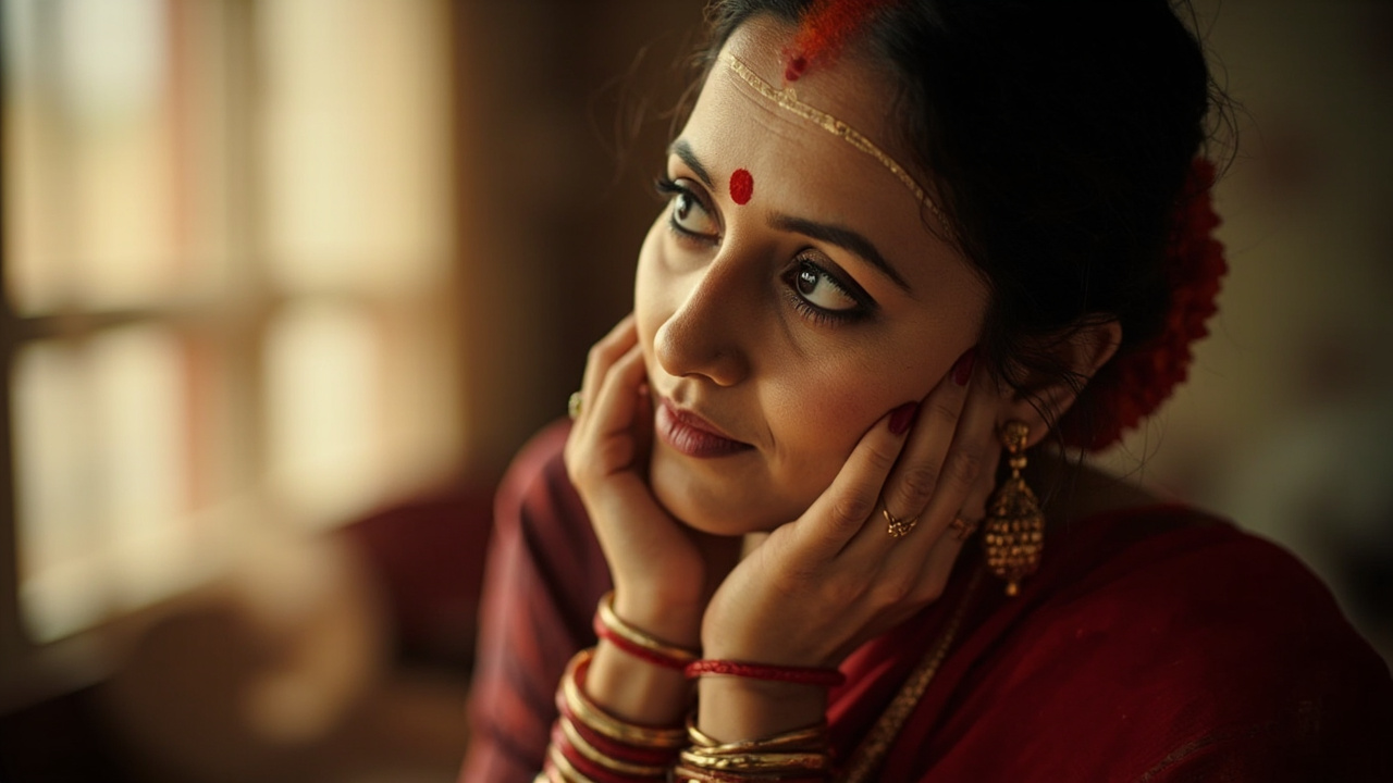 A young married Indian woman wearing red chooda bangles and sindoor in her hair parting, photographed in soft warm daylight