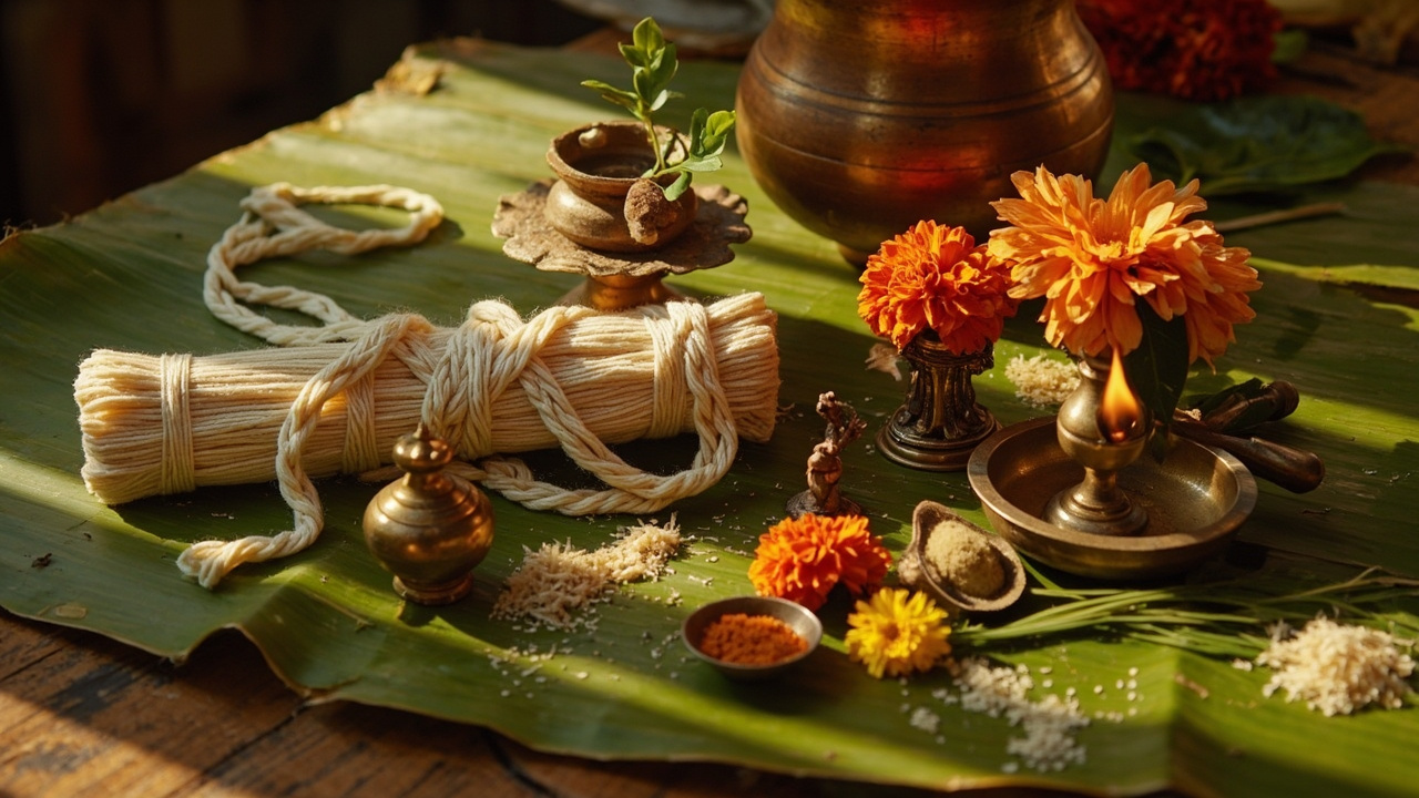 Hindu Upanayanam sacred thread ceremony items: janeu yajnopavita, brass kamandalu, kalash, marigold, diya, Ganesha idol, banana leaf