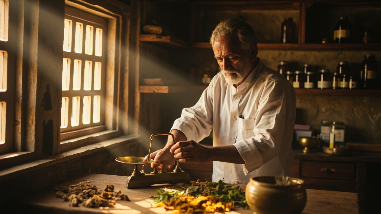 Traditional Ayurvedic vaidya measuring dried herbs on brass scales in a Kerala pharmacy with morning light through a carved wooden window