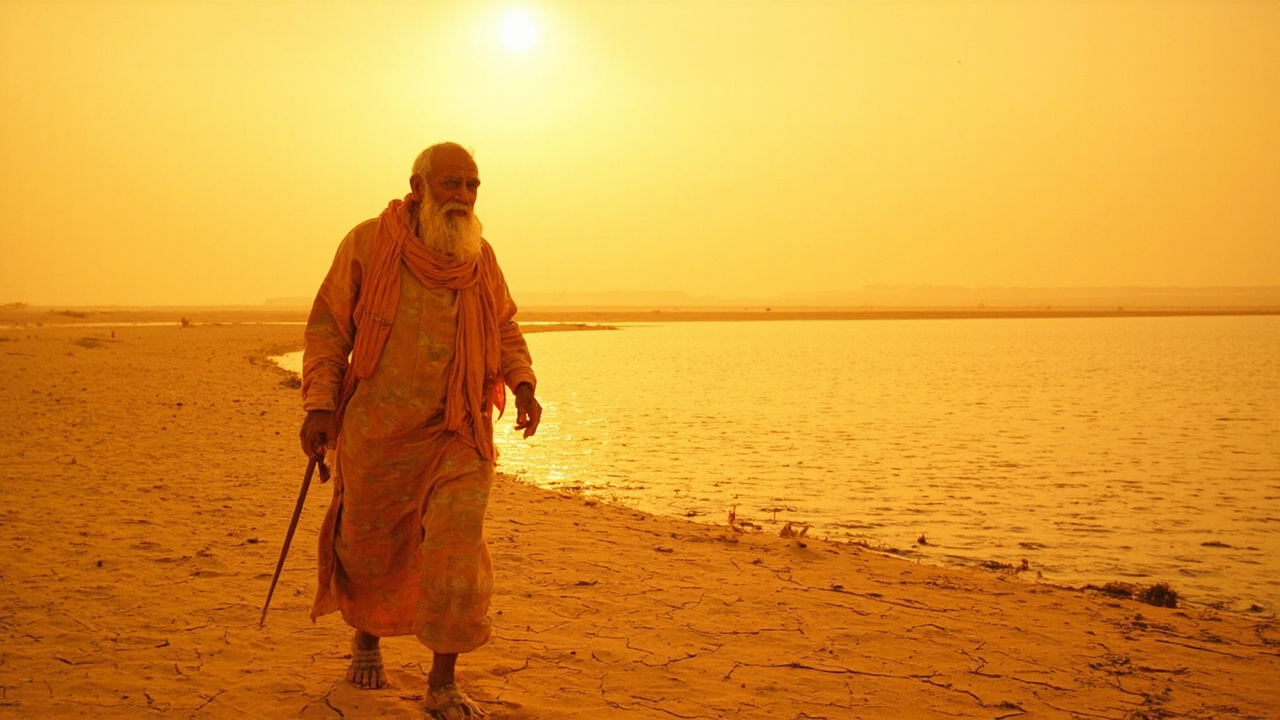 An elderly Indian sadhu walking along a sun-baked sandbank at golden hour, with a calm river stretching to the horizon — a contemplative scene evoking Maya, the Sanskrit idea of cosmic illusion.