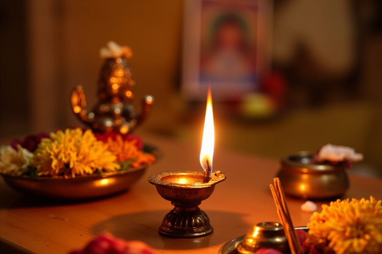 A traditional Hindu puja setup with brass diya, deity idol, flowers, incense, and fruits on a wooden table