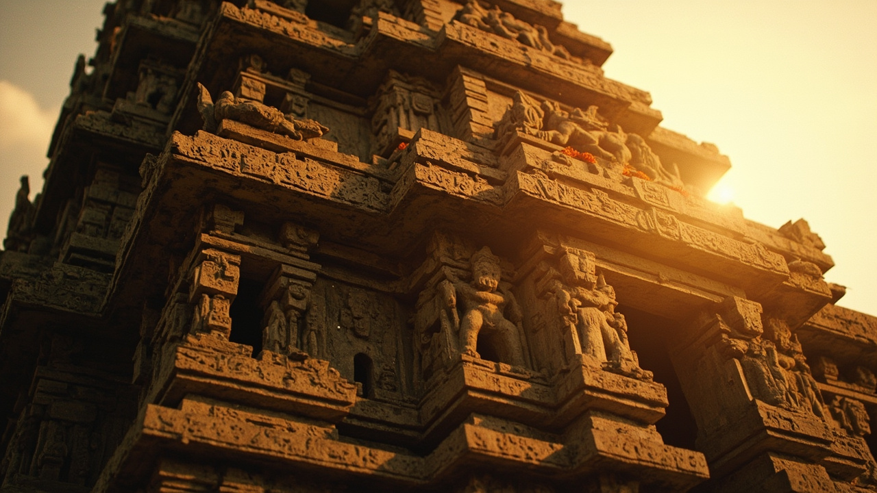 Ancient South Indian temple gopuram with Vishnu Dashavatara carvings in ten niches, golden hour