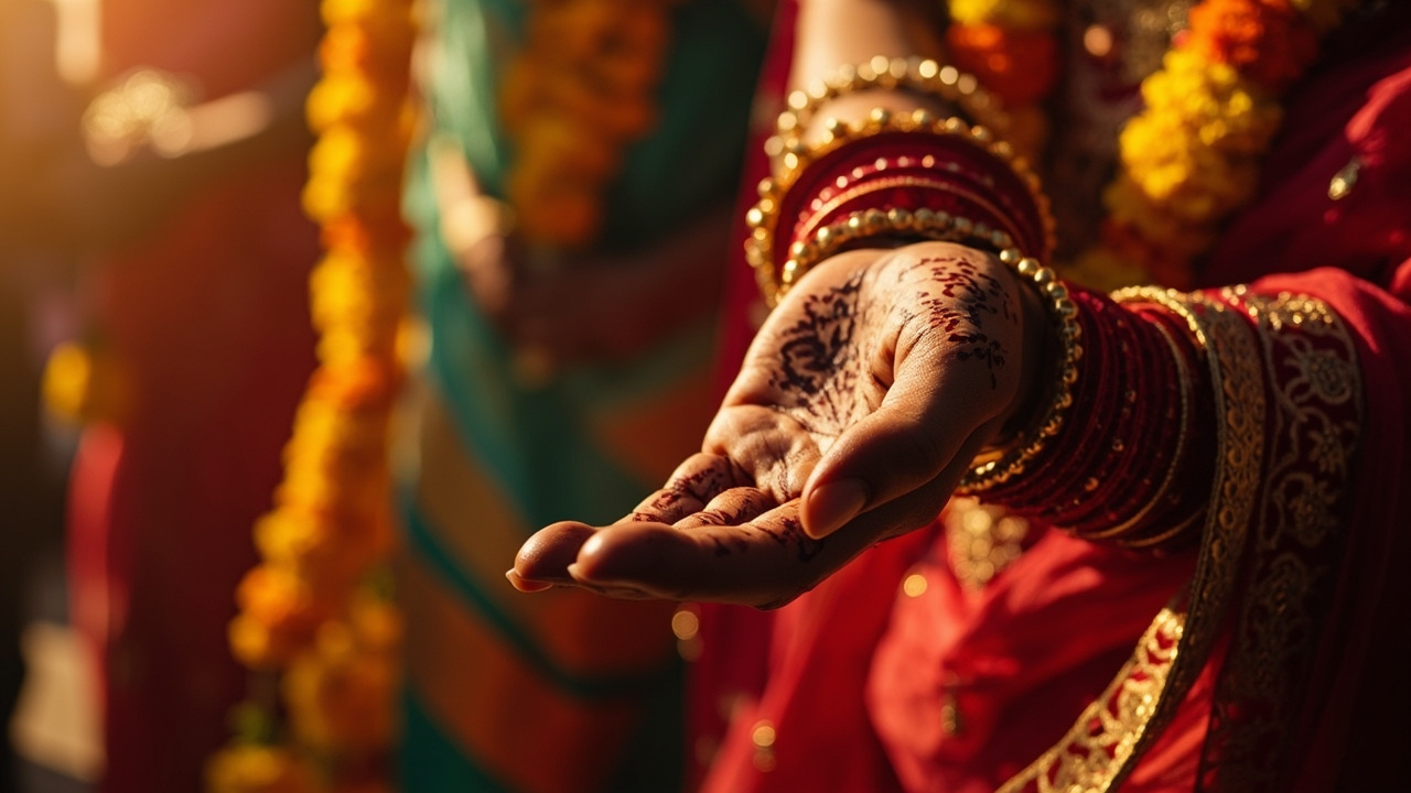 Close-up of an Indian bride's hand with intricate maroon mehendi (henna) designs on the palm, deep red glass bangles (chooda), and red bridal lehenga sleeve with gold zari embroidery, golden hour sunlight