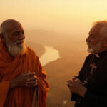 An elderly Indian Hindu pandit in saffron robes and a Western Christian priest in a black clerical shirt with a wooden cross, standing side-by-side on a hilltop at sunrise overlooking a misty valley with a sacred river.