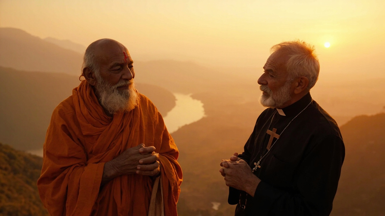 An elderly Indian Hindu pandit in saffron robes and a Western Christian priest in a black clerical shirt with a wooden cross, standing side-by-side on a hilltop at sunrise overlooking a misty valley with a sacred river.