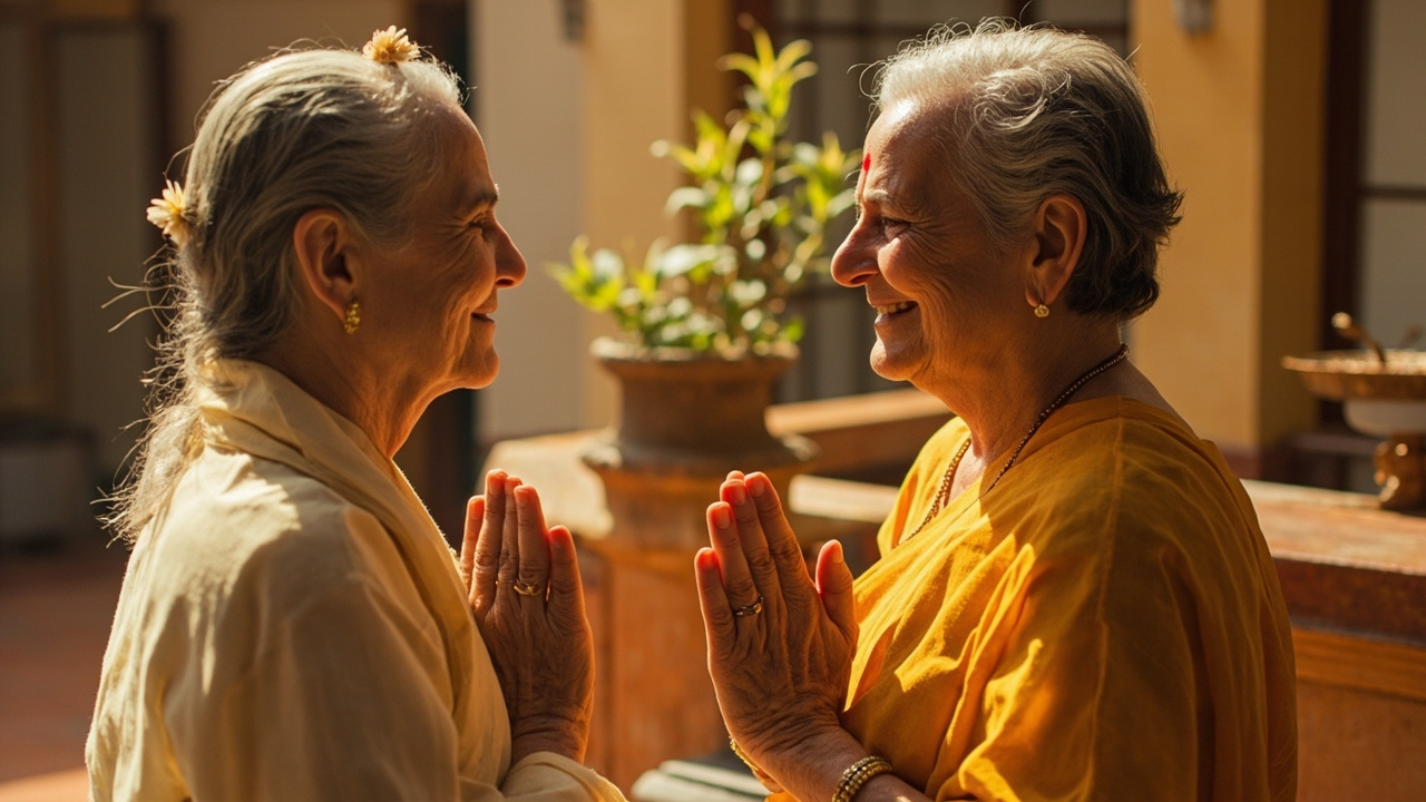 Two elderly Indian women in traditional cotton sarees greeting each other with folded hands (namaste / anjali mudra) in a sunlit home courtyard at golden hour