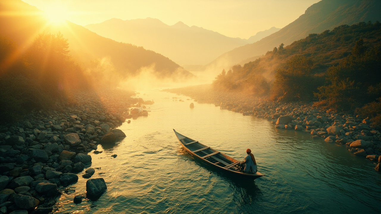 The Indus (Sindhu) River at golden hour, with a saffron-robed boatman on the bank — the river that gave Hinduism its name.