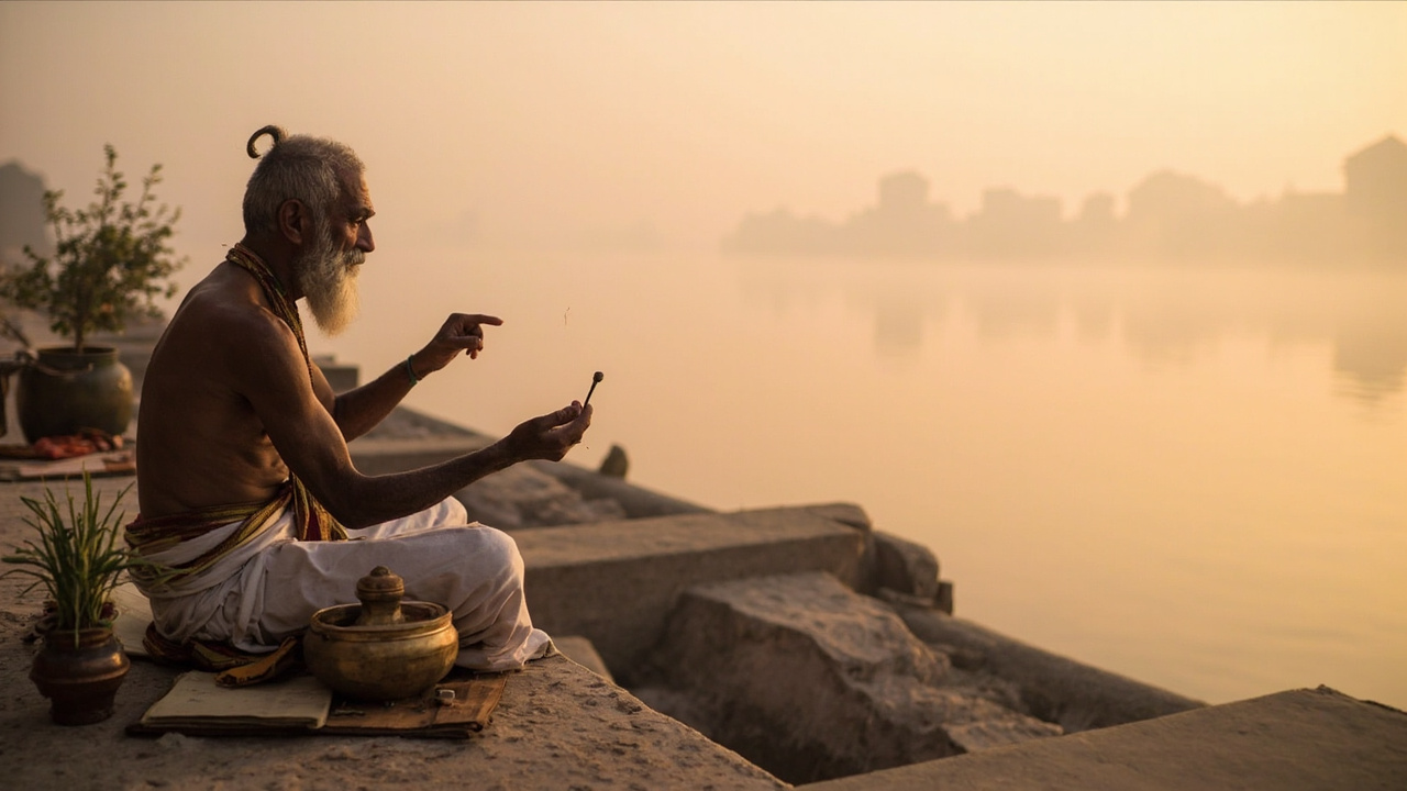 An elderly Hindu Brahmin priest performing Sandhyavandanam twilight prayer at dawn on the riverbank ghat, with kamandalu, darbha grass, tulsi plant, and sacred thread