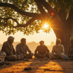 Village community gathering discussing varna and jati social structure in Hinduism