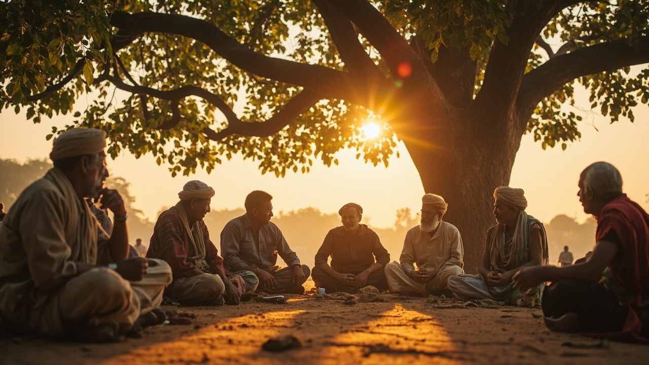 Village community gathering discussing varna and jati social structure in Hinduism