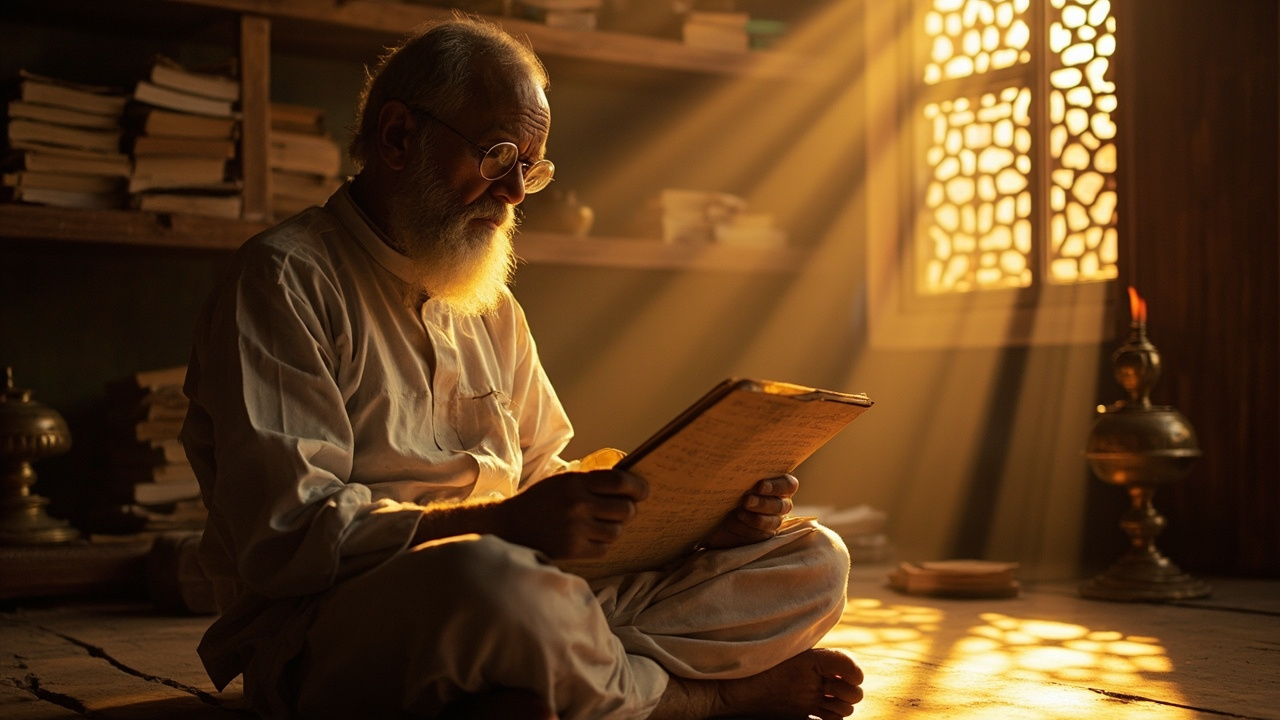Elderly Indian pandit scholar in white dhoti-kurta reading an ancient palm-leaf manuscript inside a traditional ashram library, brass oil lamp and palm-leaf texts stacked on a wooden shelf, golden-hour light through a carved window.