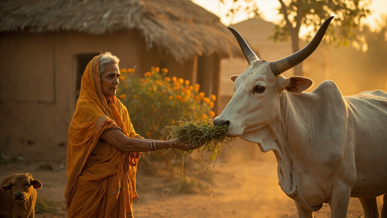 Elderly Indian village woman in saffron sari feeding a white zebu cow with green fodder at golden hour in a rural farmyard