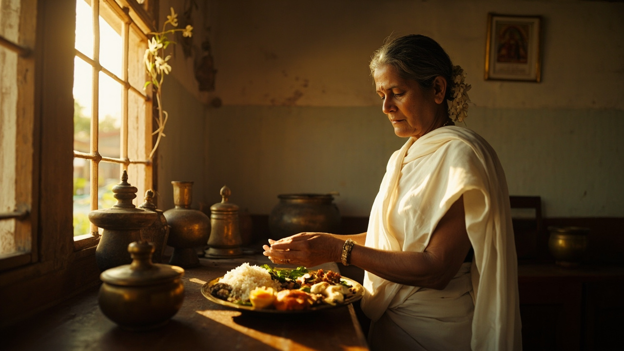 Traditional South Indian Brahmin kitchen with brass thali of sattvic vegetarian food (rice, sambar, grated coconut) prepared without onion or garlic